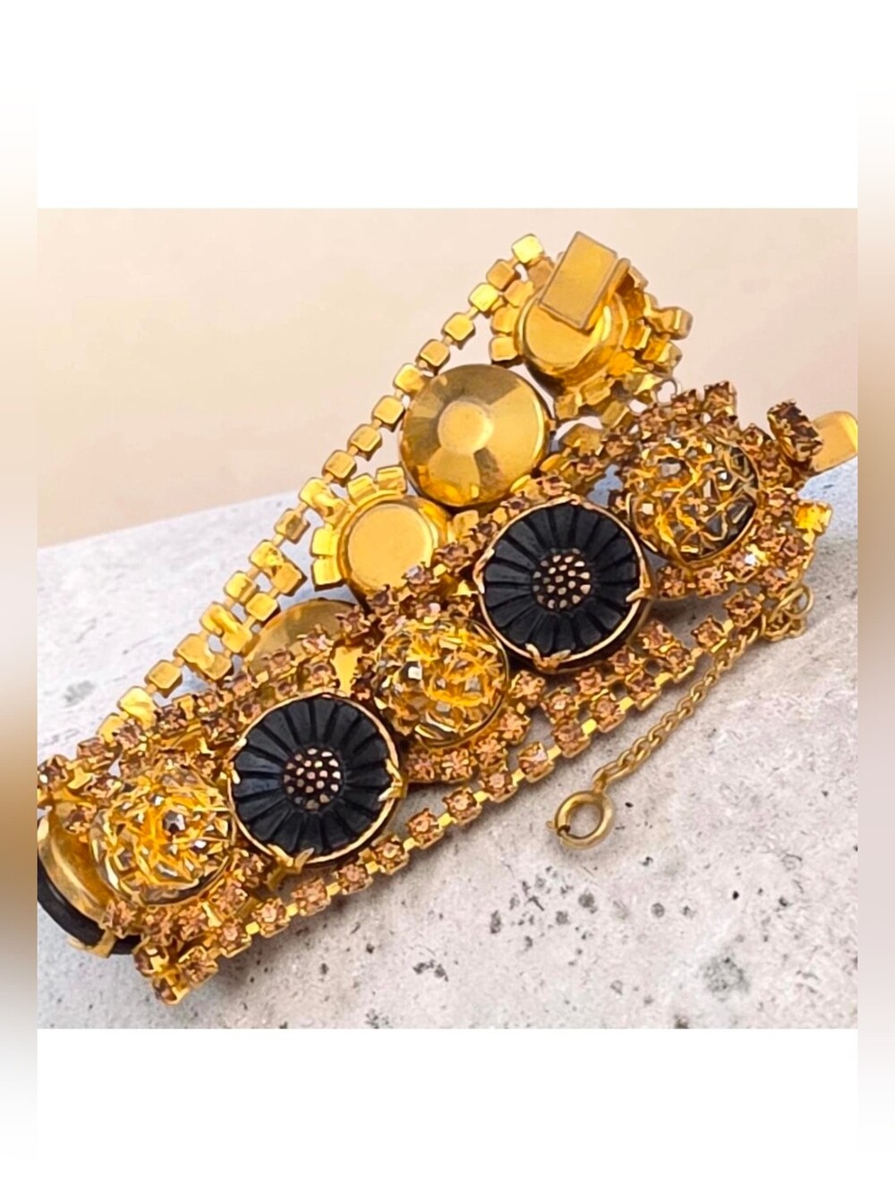 Vintage Mid Century Statement Bracelet Black Flower Rosette Topaz Rhinestones 7"